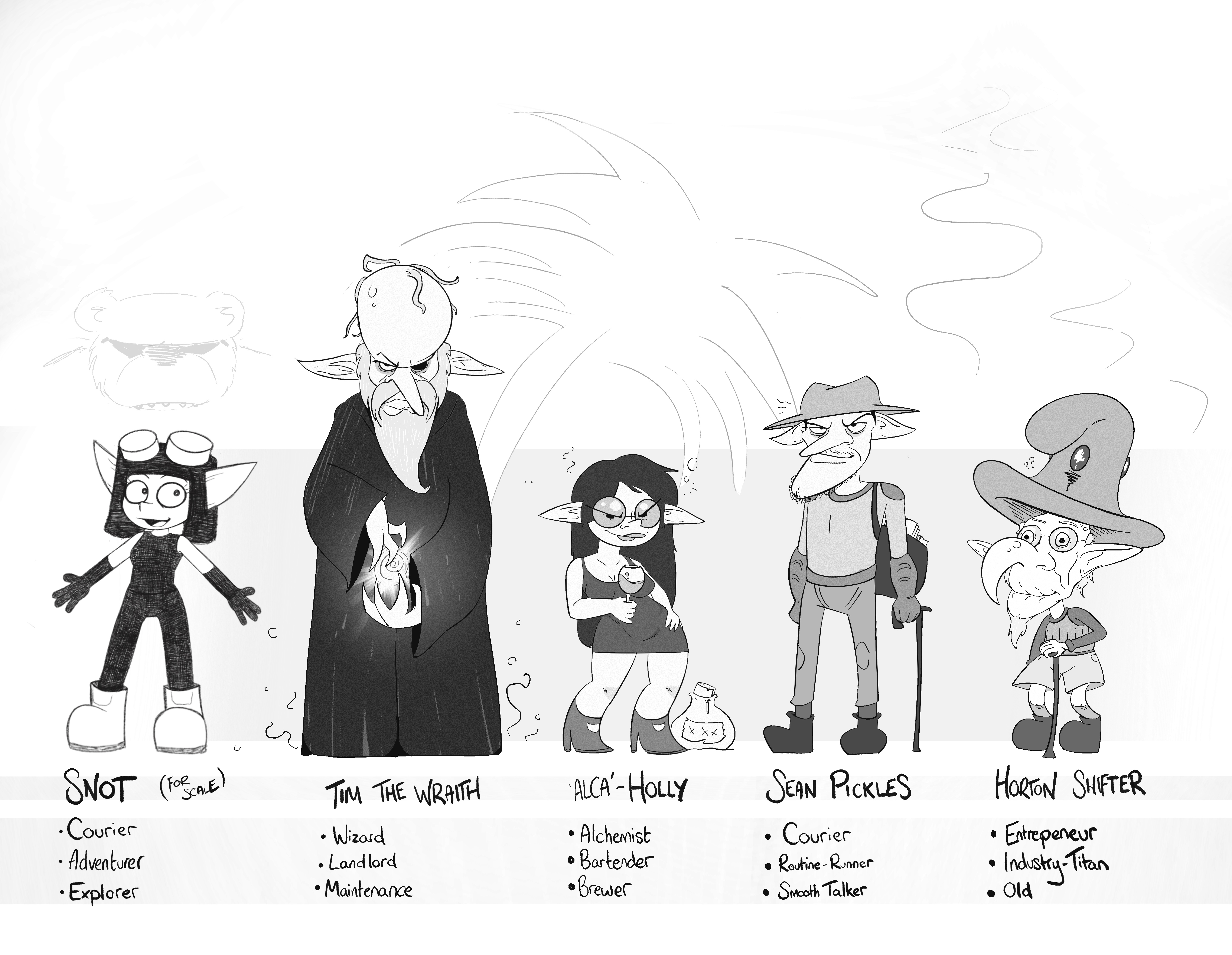 Sheet of 4 Characters: Tim the Wraith, Alca-Holly, Sean Pickles and Horton Shifter.