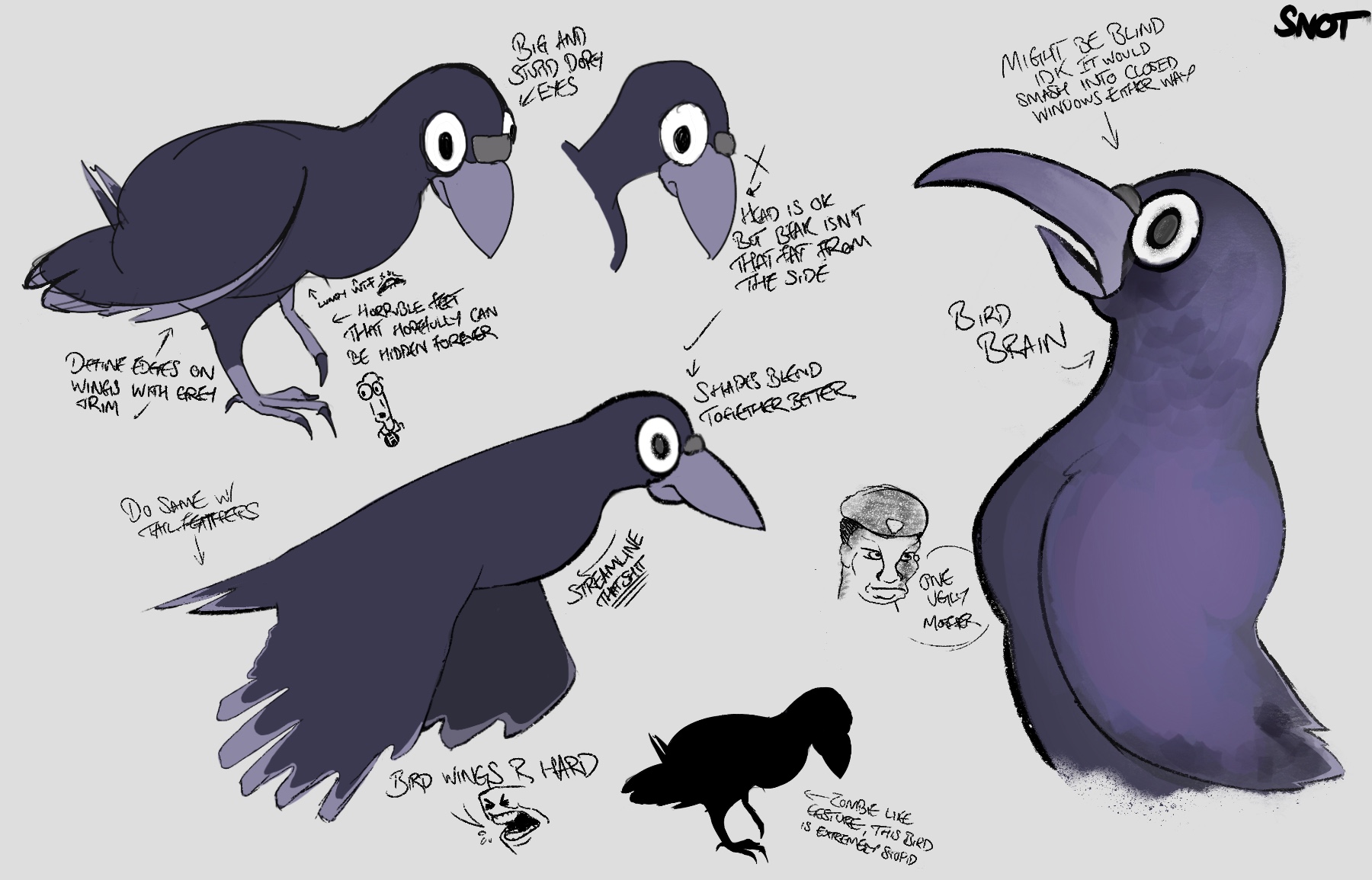Initial concept sheet for currently unnamed 'Crow' character.